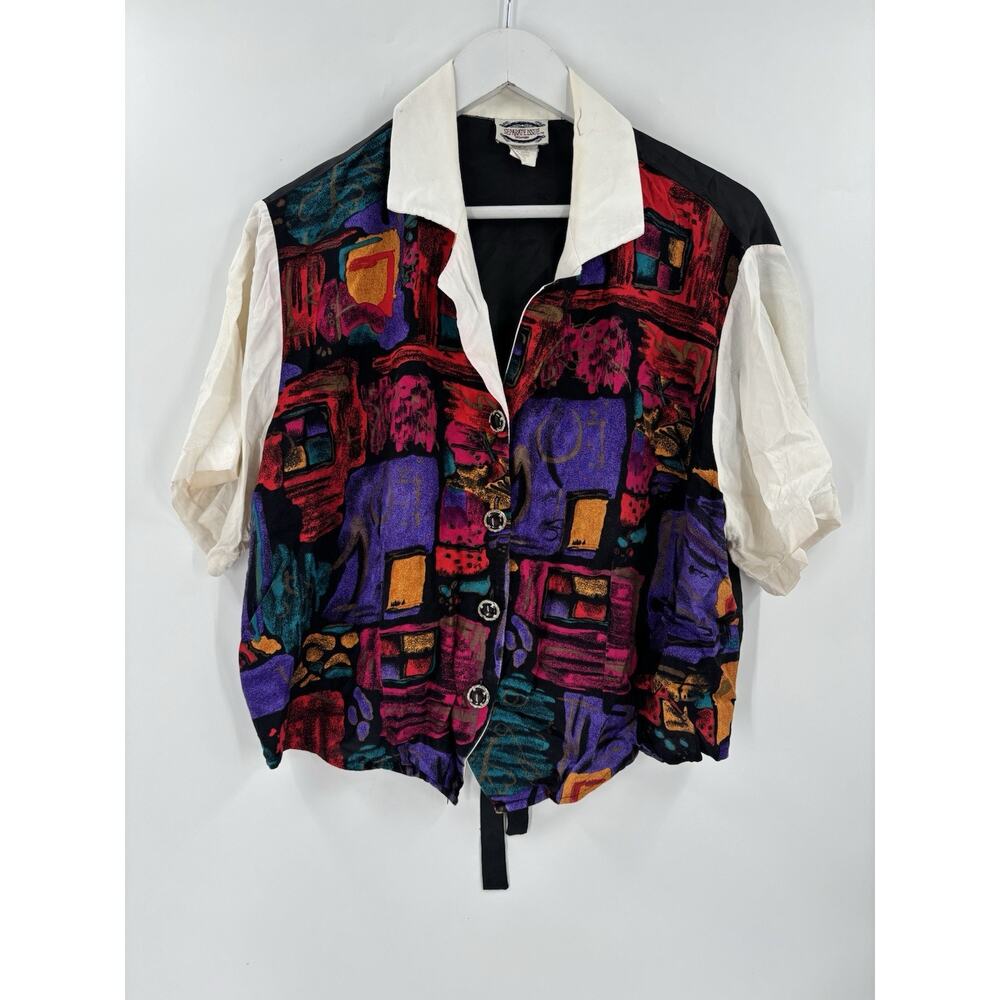 Separate Issue Vintage Button Up Womens 20W Black Multicolor Belted Tie Back
